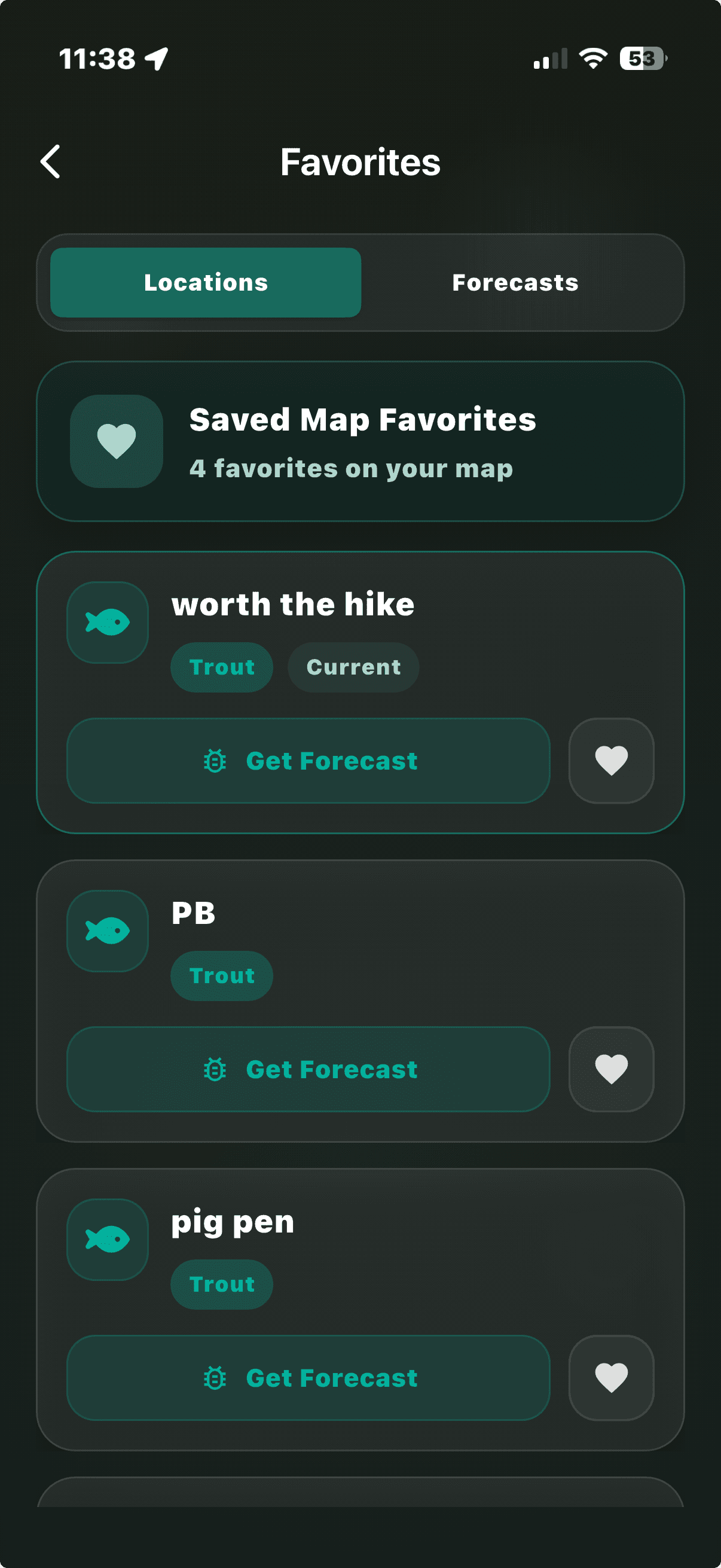 Buggin app screen showing saved fly fishing spots