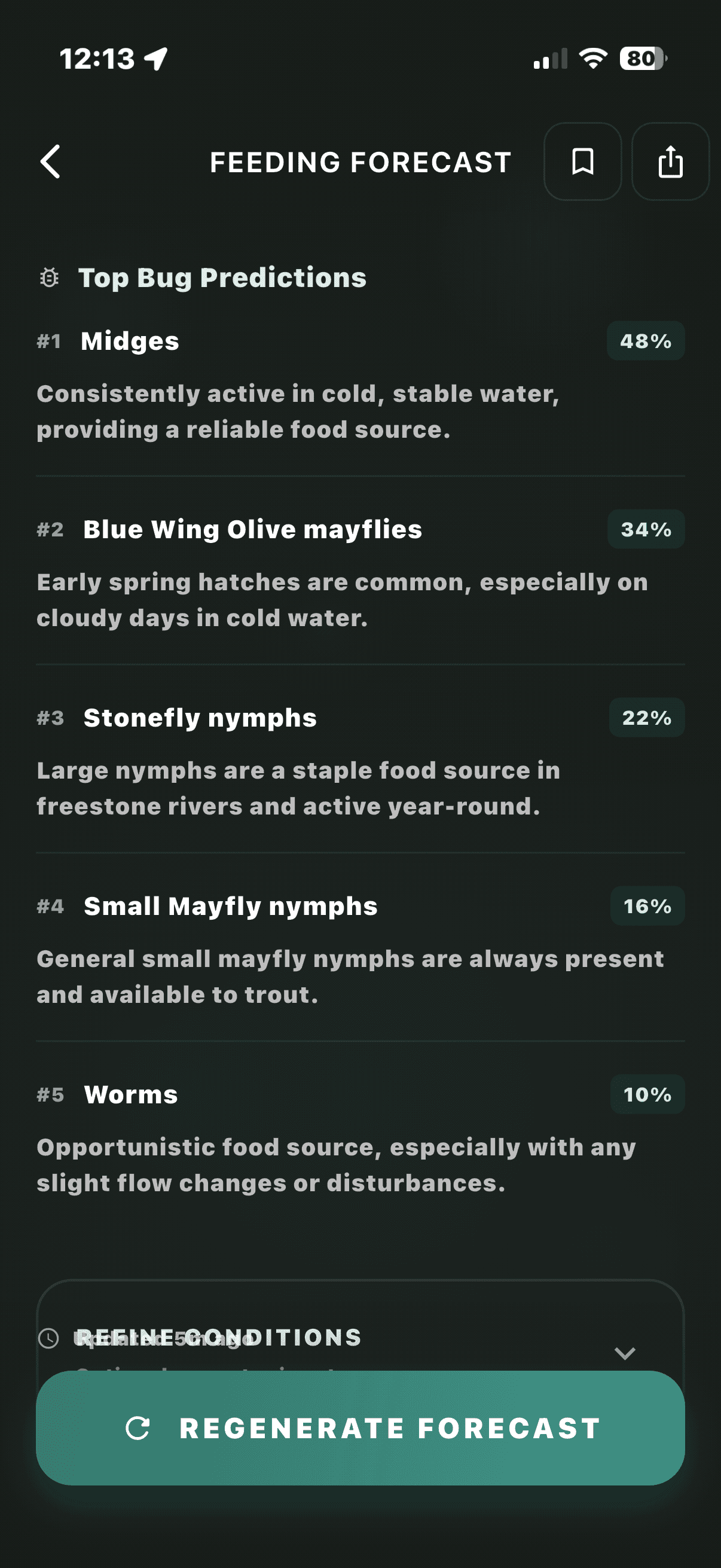 Buggin app screen showing predicted insect hatches