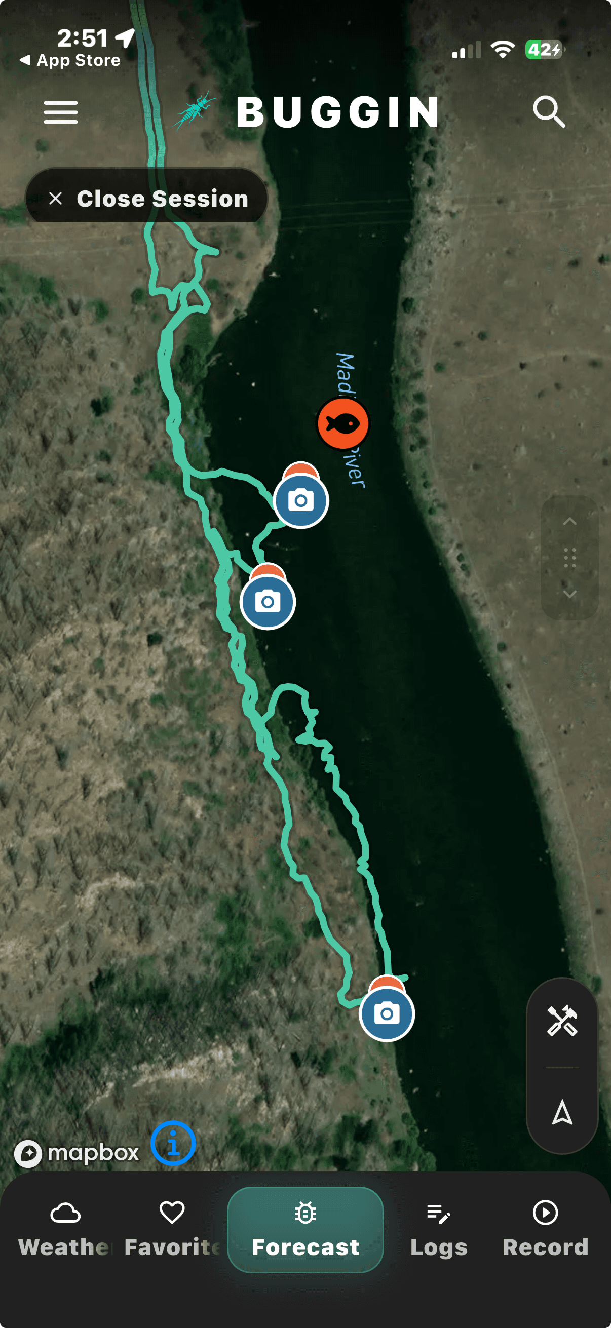 Buggin app screen showing the map for a fishing session